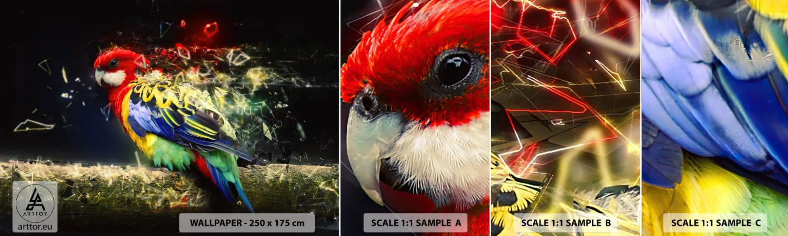 Amostra de papel de parede autocolante Deluxe Sticker - O mensageiro do Brilho - Abstração, Papagaio, Pássaro - 100x30 cm