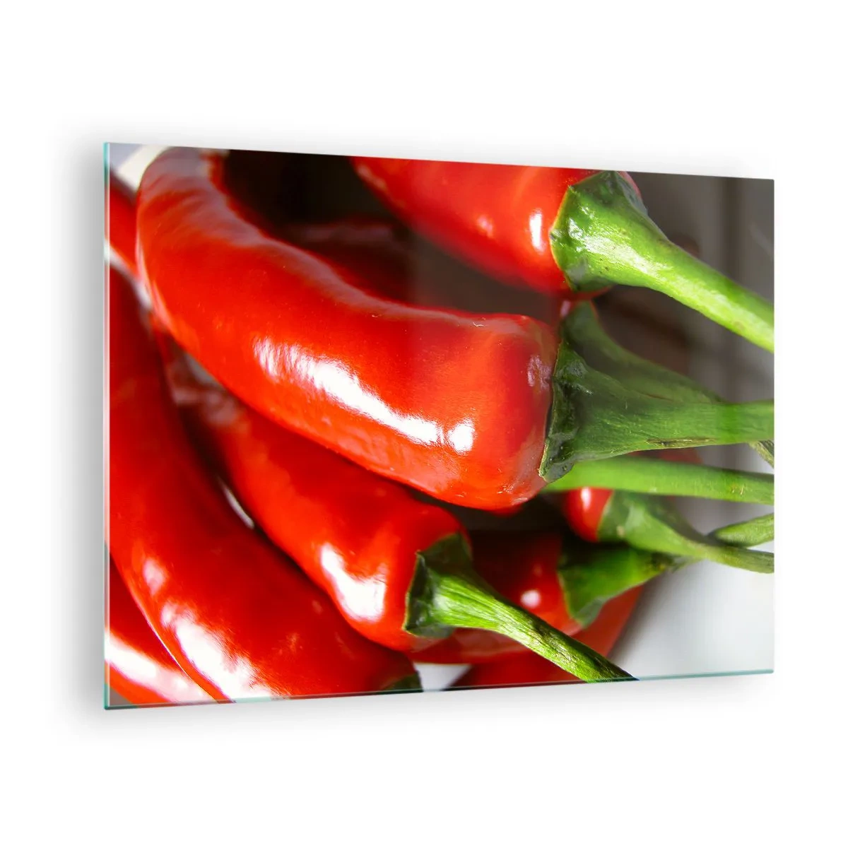 Quadro em vidro - Pimentas vermelhas com talos verdes - 70x50cm - Suculento, brilhante, liso - Decoração de parede moderna para a sala de estar e quarto ARTTOR