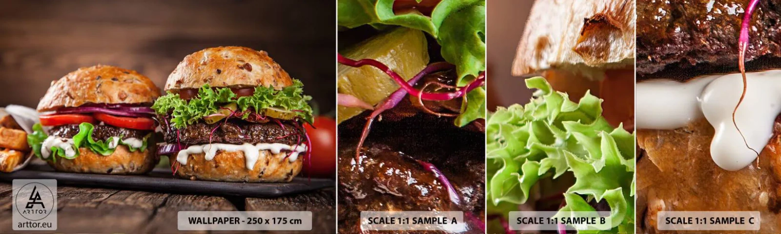 Amostra de Papel de Parede Standard Eco - Sonho americano - Gastronomia, Hamburger, Culinária - 100x30 cm