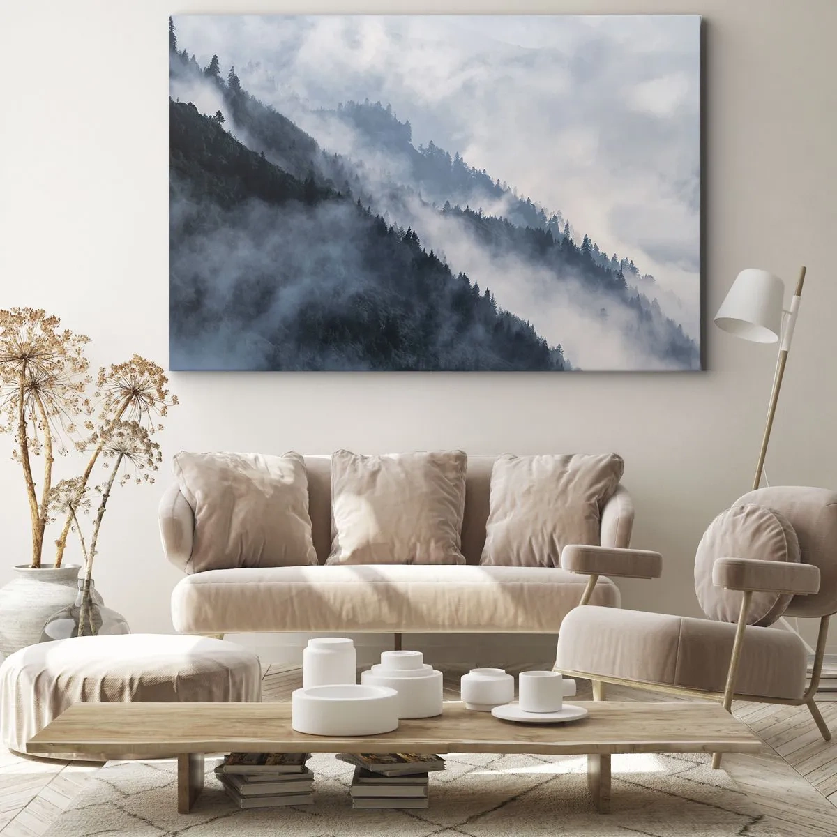 Quadro em tela - neblina paira sobre as encostas florestadas das montanhas em uma paisagem misteriosa - 70x50cm - Misticismo das montanhas - Decoração de parede moderna para a sala de estar e quarto ARTTOR