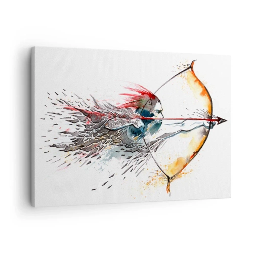 Quadro em tela - Pintura em aquarela dinâmica de um guerreiro com arco e flecha - 70x50cm - Guerreiro mítico com um arco de fogo - Decoração de parede moderna para a sala de estar e quarto ARTTOR