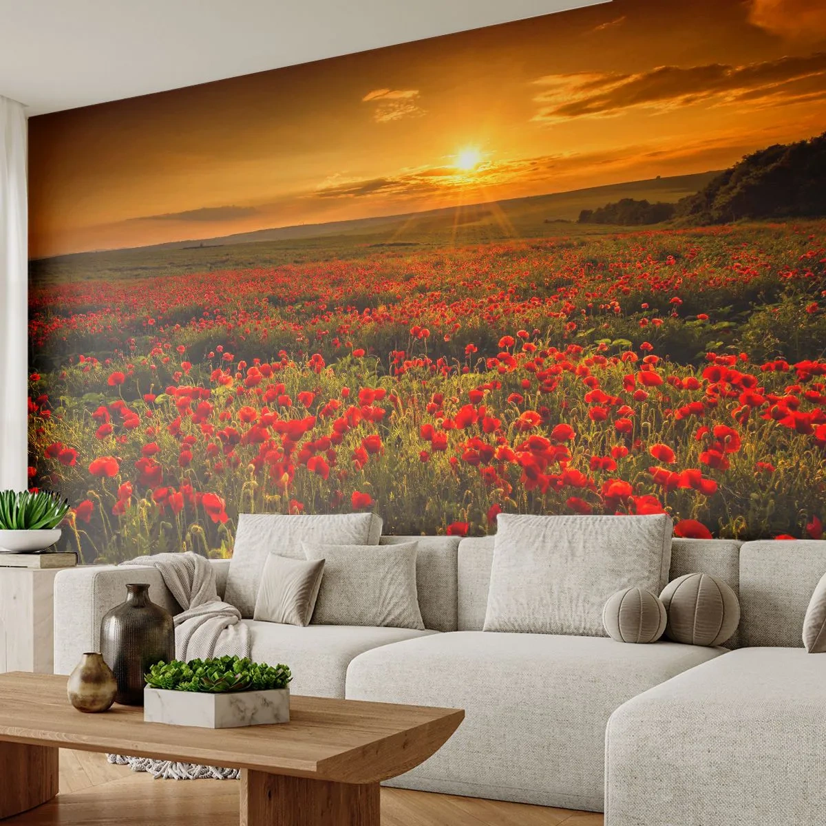 Papel de Parede Standard Eco - Entre o farfalhar da onda de prados, entre o dilúvio das flores - Paisagem, Flores, Papoilas - 250x175 cm