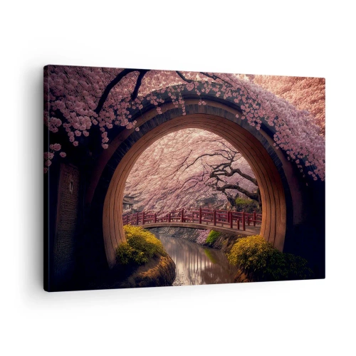 Quadro em tela - Uma ponte tradicional japonesa cercada por flores de cerejeira - 70x50cm - Primavera japonesa - Decoração de parede moderna para a sala de estar e quarto ARTTOR