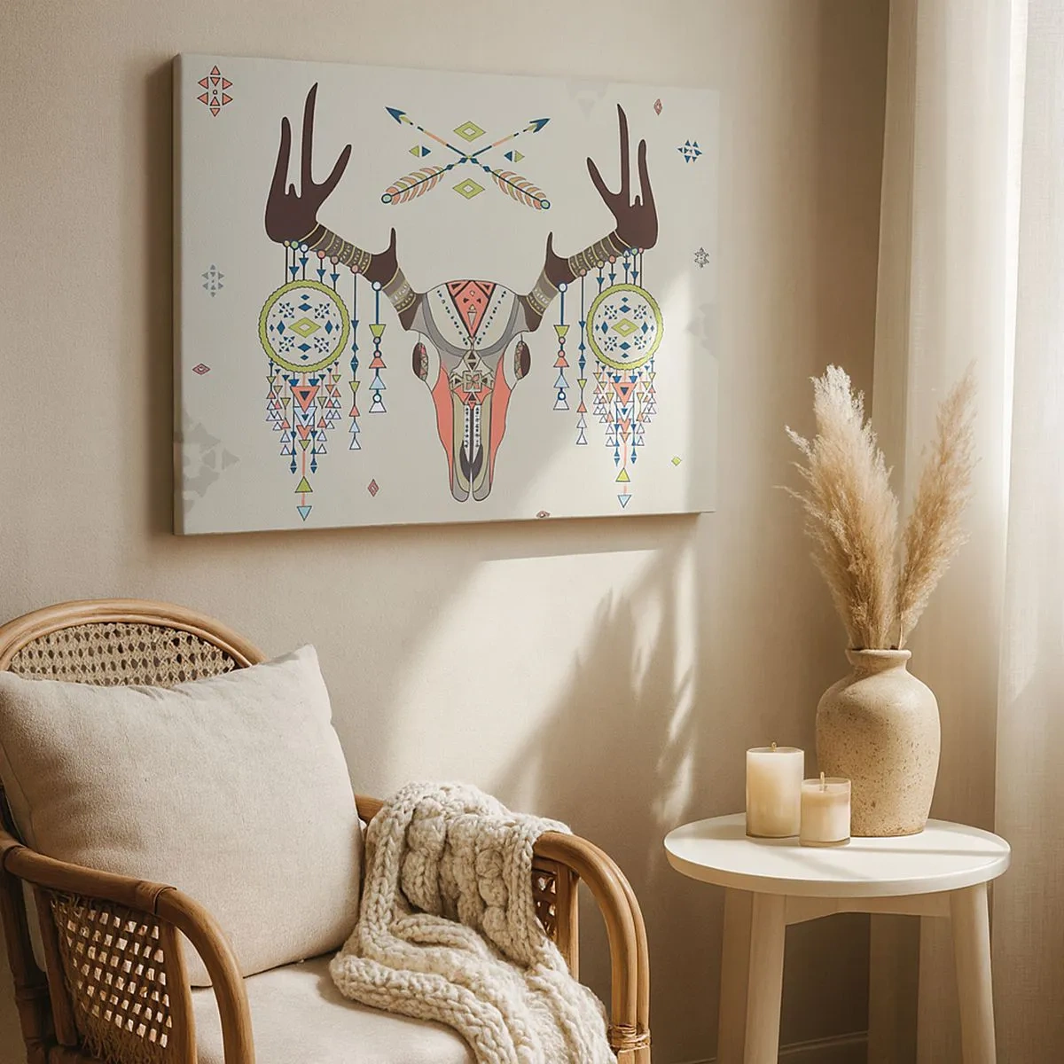 Quadro em tela - Decoração boho com caveira de veado e apanhadores de sonhos - 70x50cm - Troféu de caçador indiano - Decoração de parede moderna para a sala de estar e quarto ARTTOR