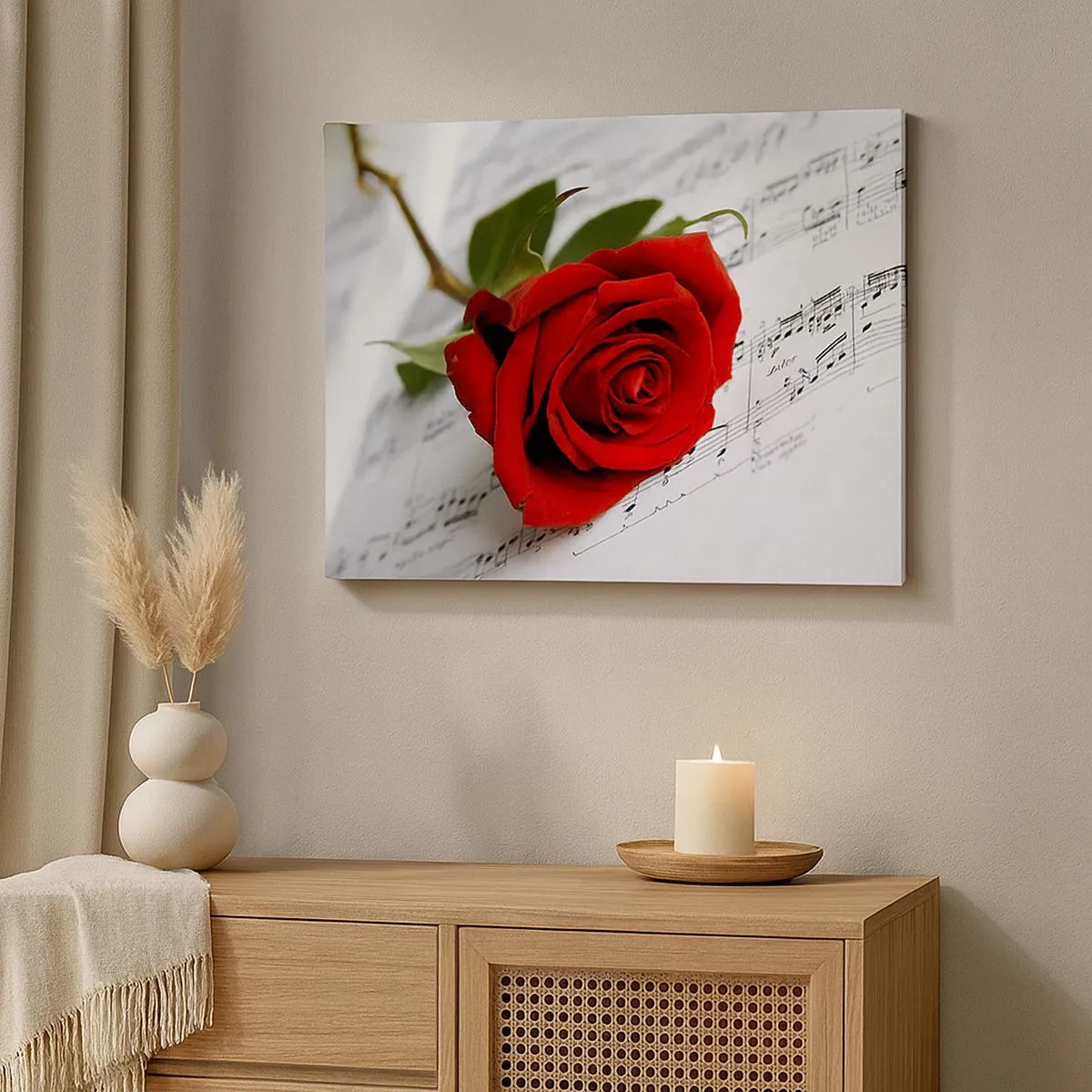Quadro em tela - Uma rosa vermelha sobre um fundo de notas musicais em papel branco. - 70x50cm - Música de sentimentos em escarlate - Decoração de parede moderna para a sala de estar e quarto ARTTOR