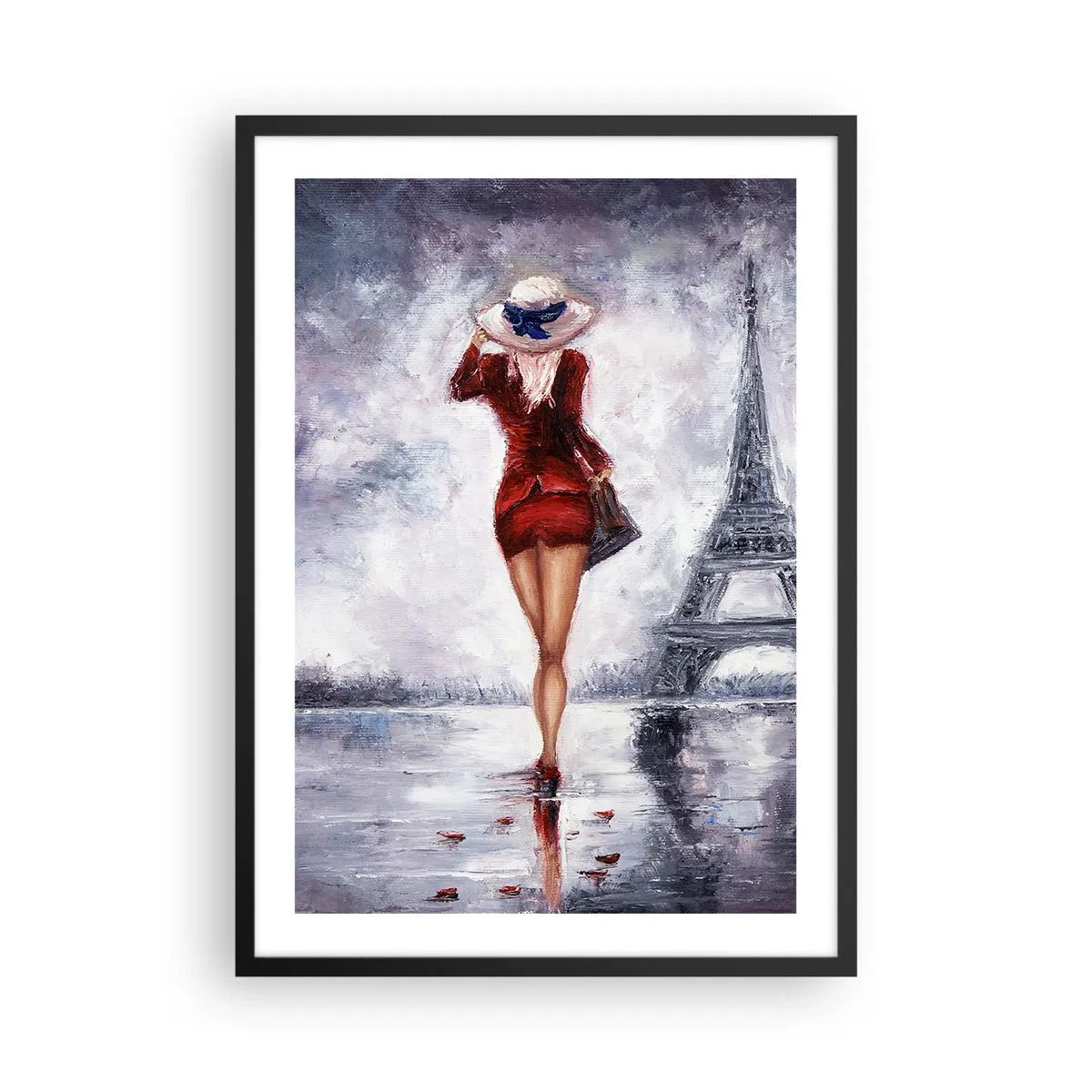 Pôster com moldura preta - Uma mulher de vestido vermelho caminhando em direção à Torre Eiffel - 50x70cm - Símbolos parisienses - Decoração de parede moderna para a sala de estar e quarto ARTTOR