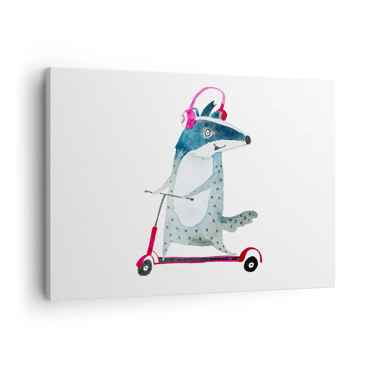 Quadro em tela - Texugo em uma scooter com fones de ouvido rosa - 70x50cm - A alegria do texugo - Decoração de parede moderna para a sala de estar e quarto ARTTOR