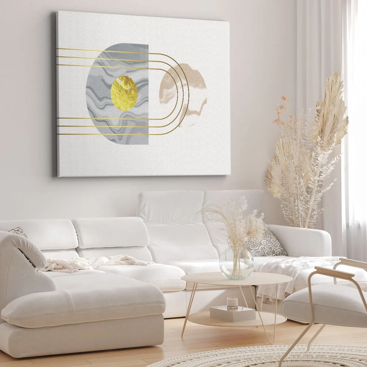 Quadro em tela - Composição abstrata com círculos e linhas douradas sobre fundo claro. - 70x50cm - Brilho e claridade - Decoração de parede moderna para a sala de estar e quarto ARTTOR