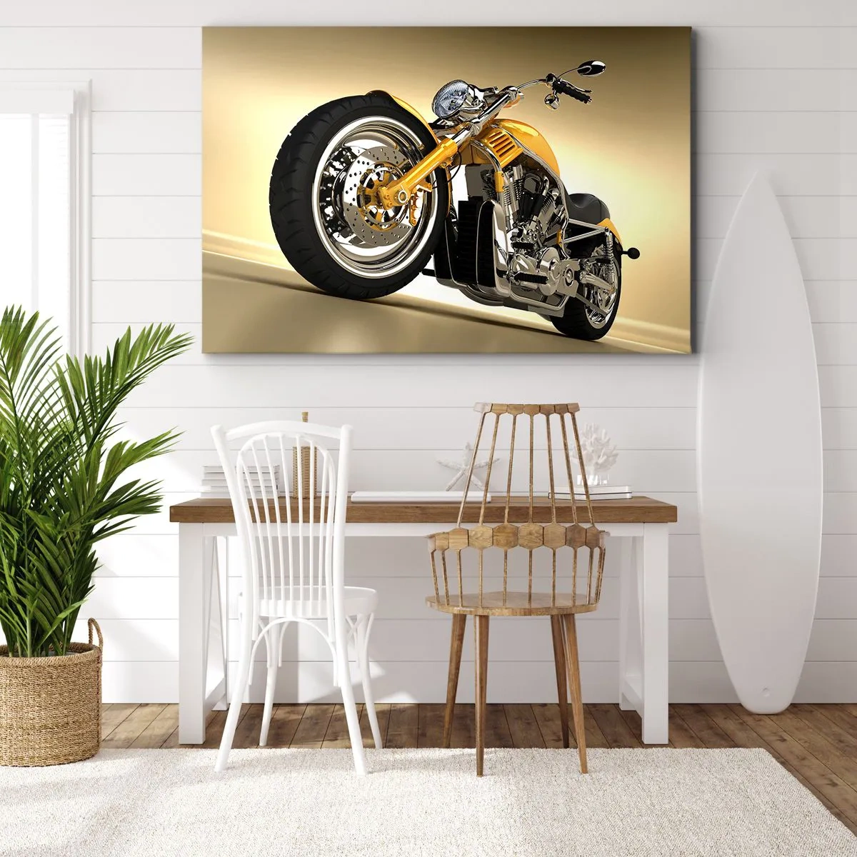 Quadro em tela - Uma motocicleta amarela estilo chopper contra uma parede bege - 70x50cm - O sonho da força e da velocidade - Decoração de parede moderna para a sala de estar e quarto ARTTOR