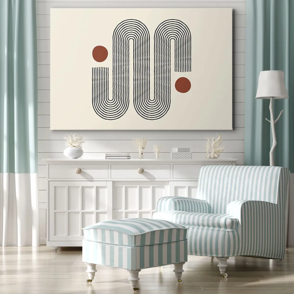 Quadro em tela - Padrão geométrico com linhas e círculos laranja - 70x50cm - Do início ao fim - Decoração de parede moderna para a sala de estar e quarto ARTTOR