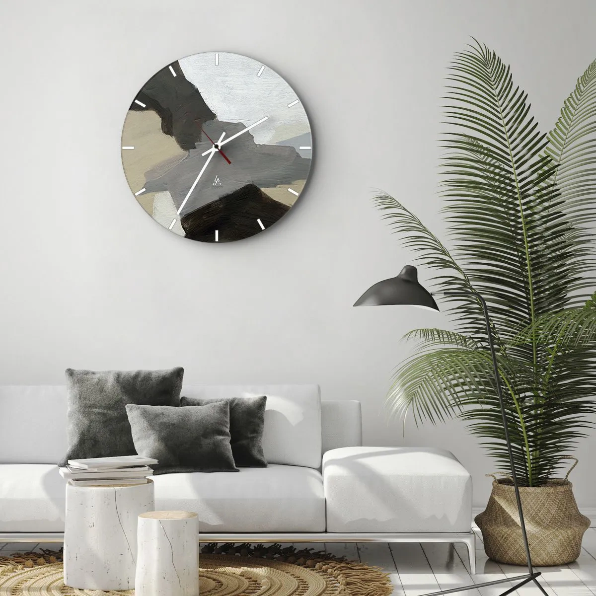 Relógio de parede - Relógio em vidro - Composição abstrata em tons de cinza e bege - 30x30cm - Abstração: a encruzilhada do cinza - Decoração de parede moderna para a sala de estar, cozinha e quarto ARTTOR
