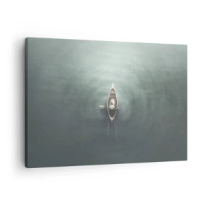 Quadro em tela - Um barco solitário em águas calmas em um ambiente minimalista - 70x50cm - Através do lago da lua - Decoração de parede moderna para a sala de estar e quarto ARTTOR