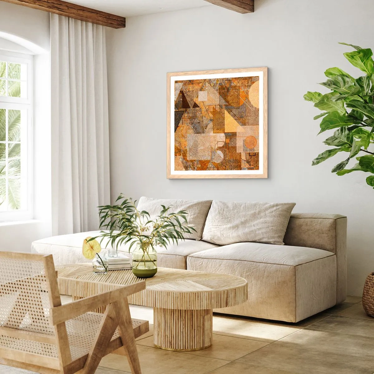 Pôster com moldura de carvalho claro - Estudo Cubista em Bronze - 60x60 cm