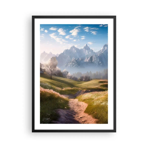 Pôster com moldura preta - Um caminho de montanha que atravessa um vale verde ao nascer do sol - 50x70cm - Vale idílico - Decoração de parede moderna para a sala de estar e quarto ARTTOR