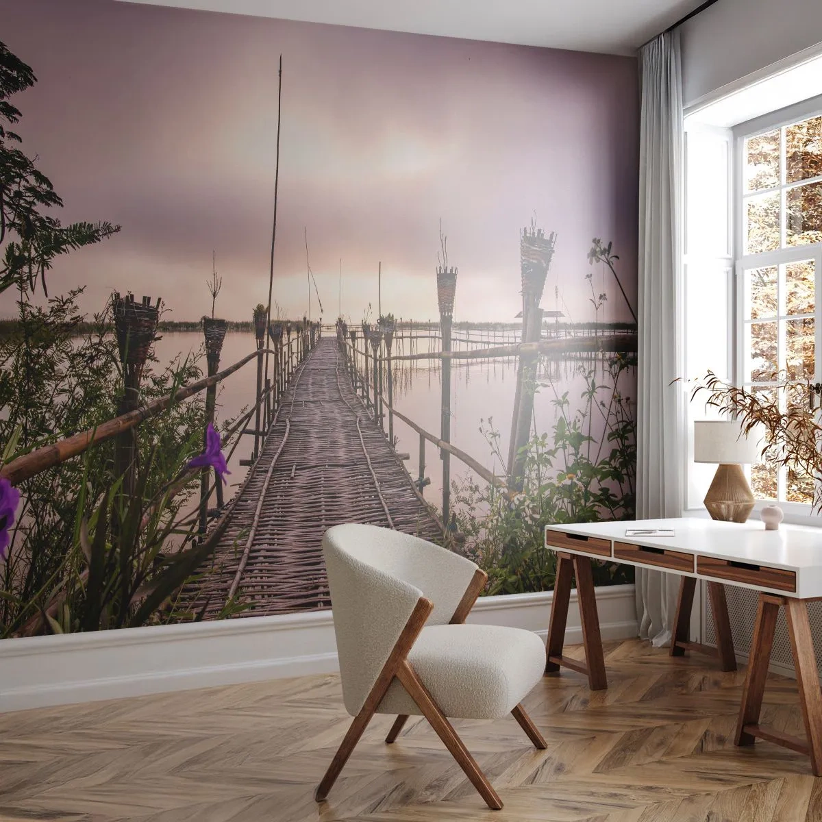 Papel de Parede Standard Eco - Uma ponte de madeira contra um céu nublado - 100x70cm - Paz e tranquilidade da Ásia - Decoração de parede moderna para a sala de estar e quarto ARTTOR