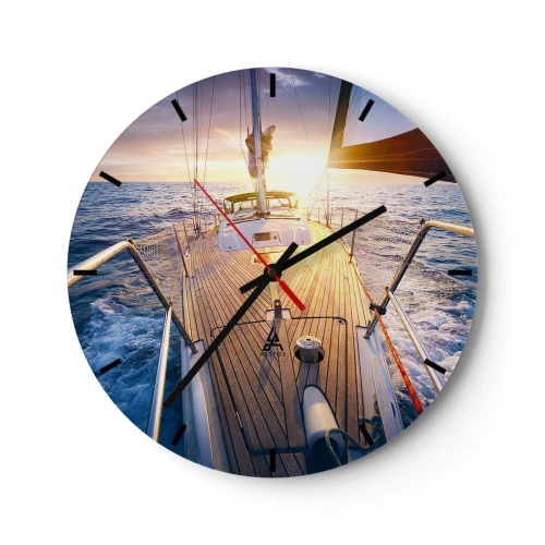 Relógio de parede - Relógio em vidro - Um iate em alto mar, iluminado pelos raios do sol poente - 30x30cm - Correr sobre as ondas - Decoração de parede moderna para a sala de estar, cozinha e quarto ARTTOR