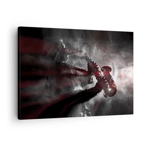 Quadro em tela - Saxofonista em fumaça no palco em preto e vermelho atmosférico - 70x50cm - Nos fumos do jazz - Decoração de parede moderna para a sala de estar e quarto ARTTOR
