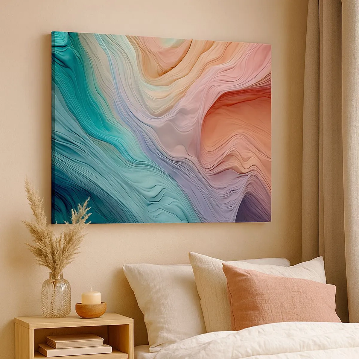 Quadro em tela - Ondas abstratas em cores pastel e arco-íris - 70x50cm - Onda arco-íris - Decoração de parede moderna para a sala de estar e quarto ARTTOR