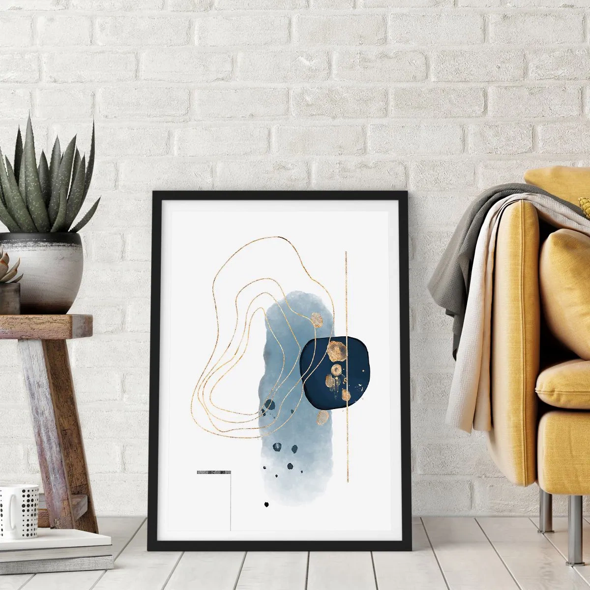 Pôster com moldura preta - Uma composição abstrata moderna em tons de azul e dourado. - 50x70cm - Fantasia azul e dourada - Decoração de parede moderna para a sala de estar e quarto ARTTOR