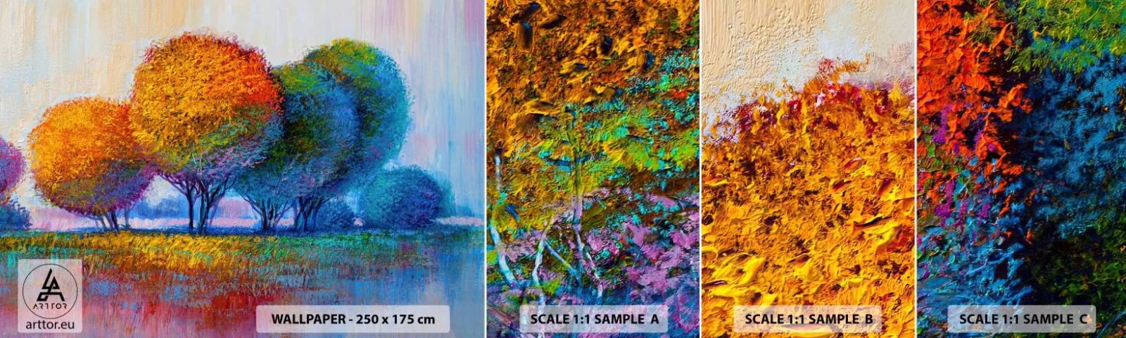 Amostra de papel de parede autocolante Deluxe Sticker - Um amontoado de cores lascivas - Abstração, Paisagem, Árvores - 100x30 cm