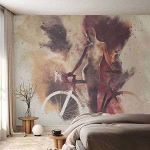 Papel de Parede Standard Eco - Silhueta de uma mulher com uma bicicleta em uma composição artística - 100x70cm - Uma alma de bicicleta em formas de mármore - Decoração de parede moderna para a sala de estar e quarto ARTTOR