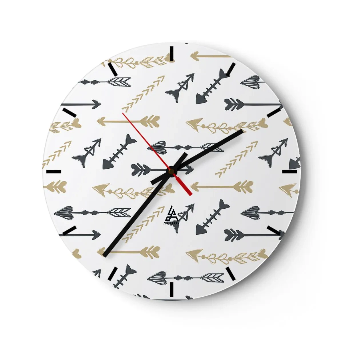 Relógio de parede - Relógio em vidro - Padrão decorativo com várias setas em um fundo branco - 30x30cm - O sonho do arqueiro - Decoração de parede moderna para a sala de estar, cozinha e quarto ARTTOR