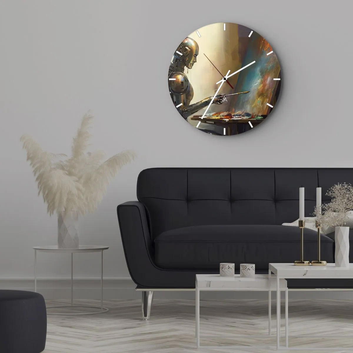 Relógio de parede - Relógio em vidro - Um robô pintando um quadro em um cavalete - 30x30cm - A arte do futuro - Decoração de parede moderna para a sala de estar, cozinha e quarto ARTTOR