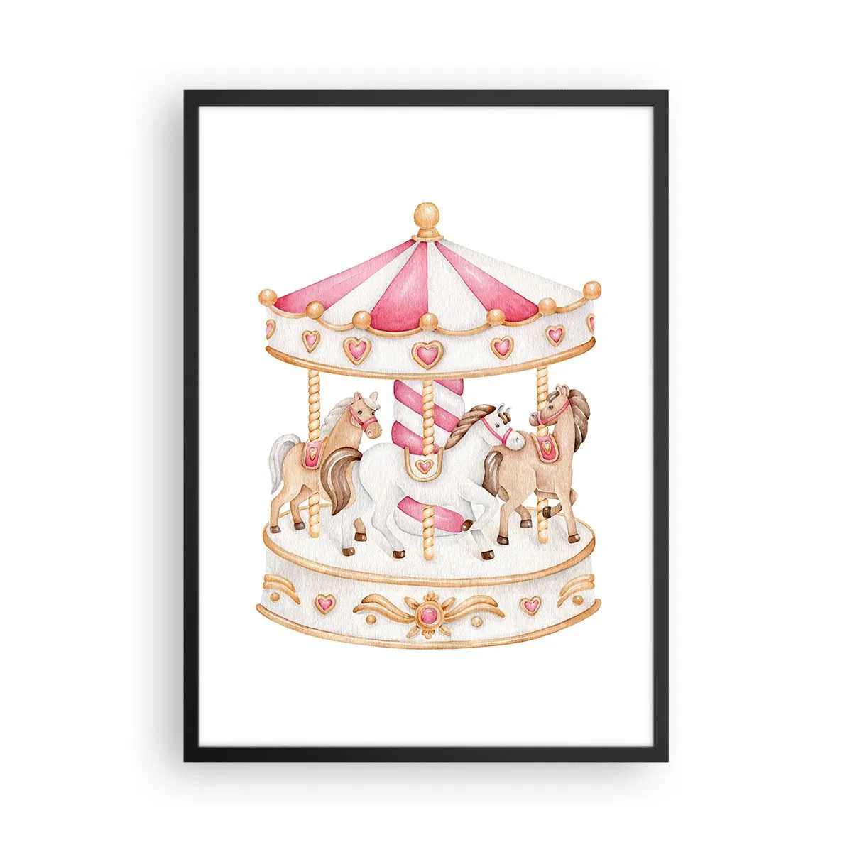 Pôster com moldura preta - Carrossel de aquarela em tons pastéis de rosa - 50x70cm - O doce mundo da infância - Decoração de parede moderna para a sala de estar e quarto ARTTOR