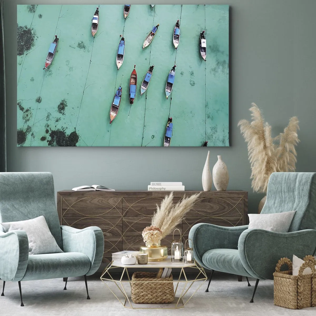 Quadro em tela - Uma vista aérea de barcos em águas azul-turquesa - 70x50cm - Na alegre expectativa - Decoração de parede moderna para a sala de estar e quarto ARTTOR