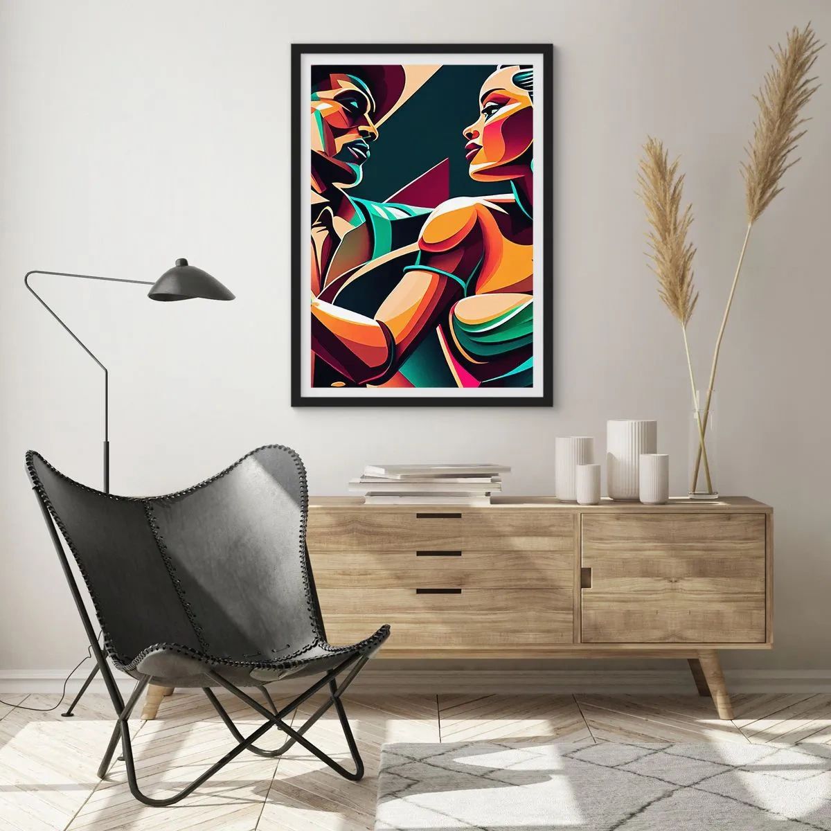 Pôster com moldura preta - Ilustração colorida de um casal dançando tango no estilo pop art - 50x70cm - No ritmo do coração - Decoração de parede moderna para a sala de estar e quarto ARTTOR