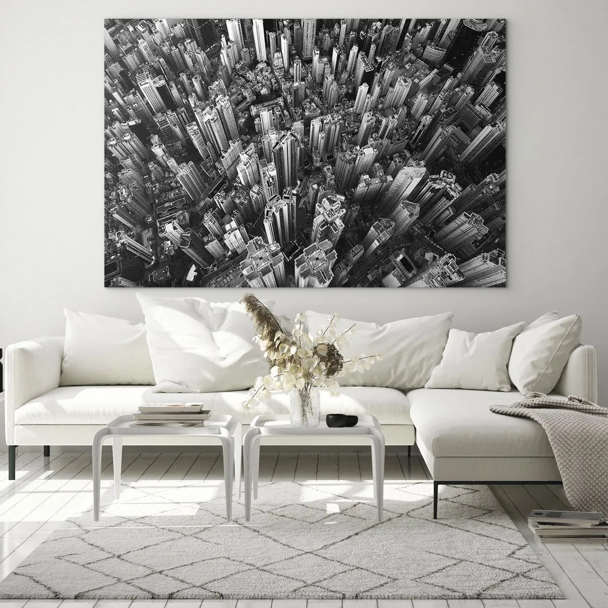 Quadro em vidro - Vista aérea da cidade em preto e branco - 70x50cm - Ainda mais alto e mais alto - Decoração de parede moderna para a sala de estar e quarto ARTTOR