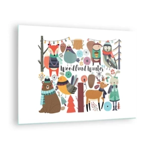 Quadro em vidro - Floresta de inverno com animais fofos em ilustração - 70x50cm - Natal de conto de fadas na floresta - Decoração de parede moderna para a sala de estar e quarto ARTTOR