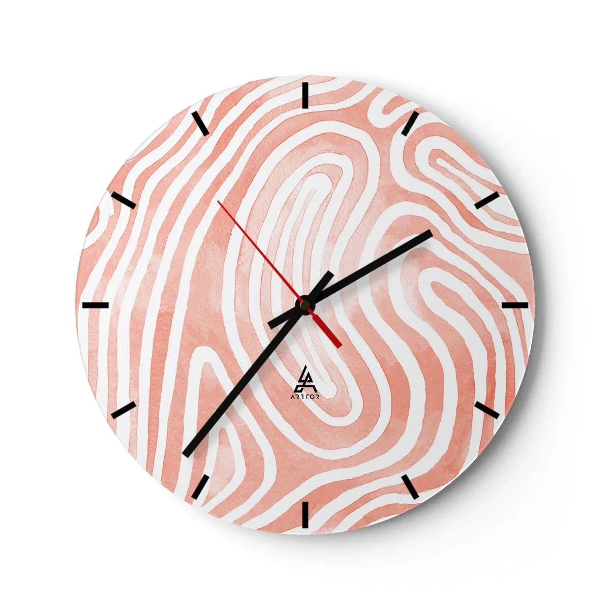Relógio de parede - Relógio em vidro - Padrão abstrato semelhante a impressões digitais em rosa - 30x30cm - No labirinto de corais - Decoração de parede moderna para a sala de estar, cozinha e quarto ARTTOR