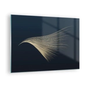 Quadro em vidro - Uma linha dourada semelhante a uma asa em um fundo azul marinho - 70x50cm - Como o cabelo de um anjo - Decoração de parede moderna para a sala de estar e quarto ARTTOR