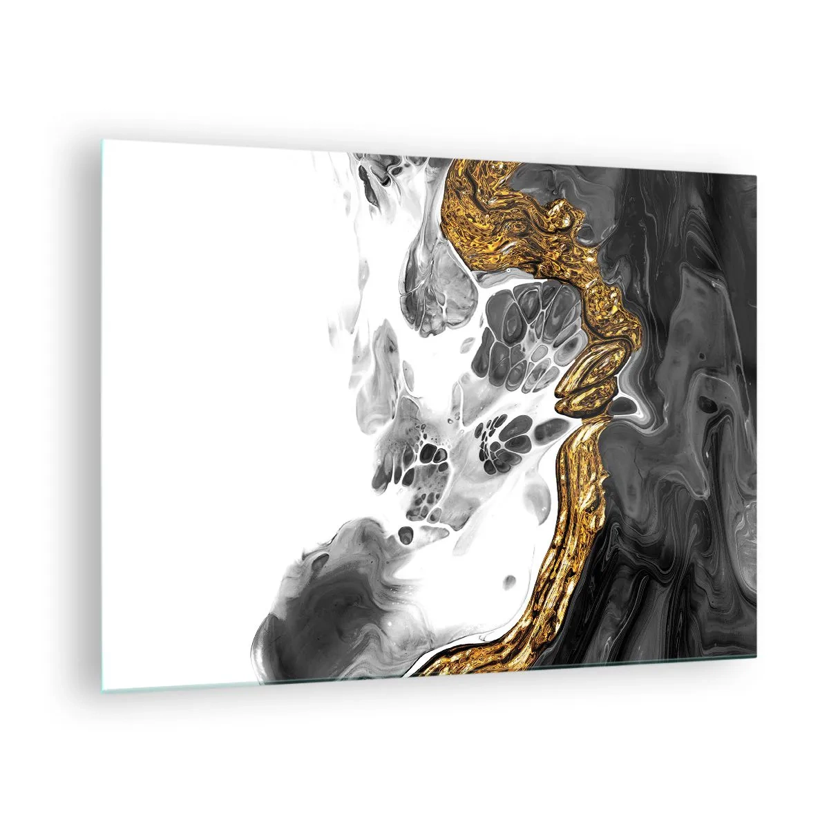 Quadro em vidro - Composição abstrata de preto, branco e dourado - 70x50cm - Composição orgânica - Decoração de parede moderna para a sala de estar e quarto ARTTOR