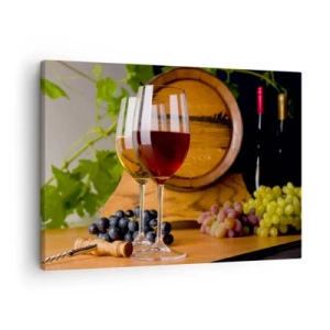 Quadro em tela - Taças de vinho com uvas, um barril e garrafas sobre uma mesa de madeira - 70x50cm - Como com os antigos mestres - Decoração de parede moderna para a sala de estar e quarto ARTTOR