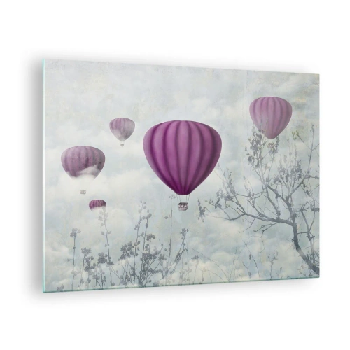 Quadro em vidro - Balões roxos flutuando entre as nuvens e galhos de árvores - 70x50cm - Como navios no céu - Decoração de parede moderna para a sala de estar e quarto ARTTOR