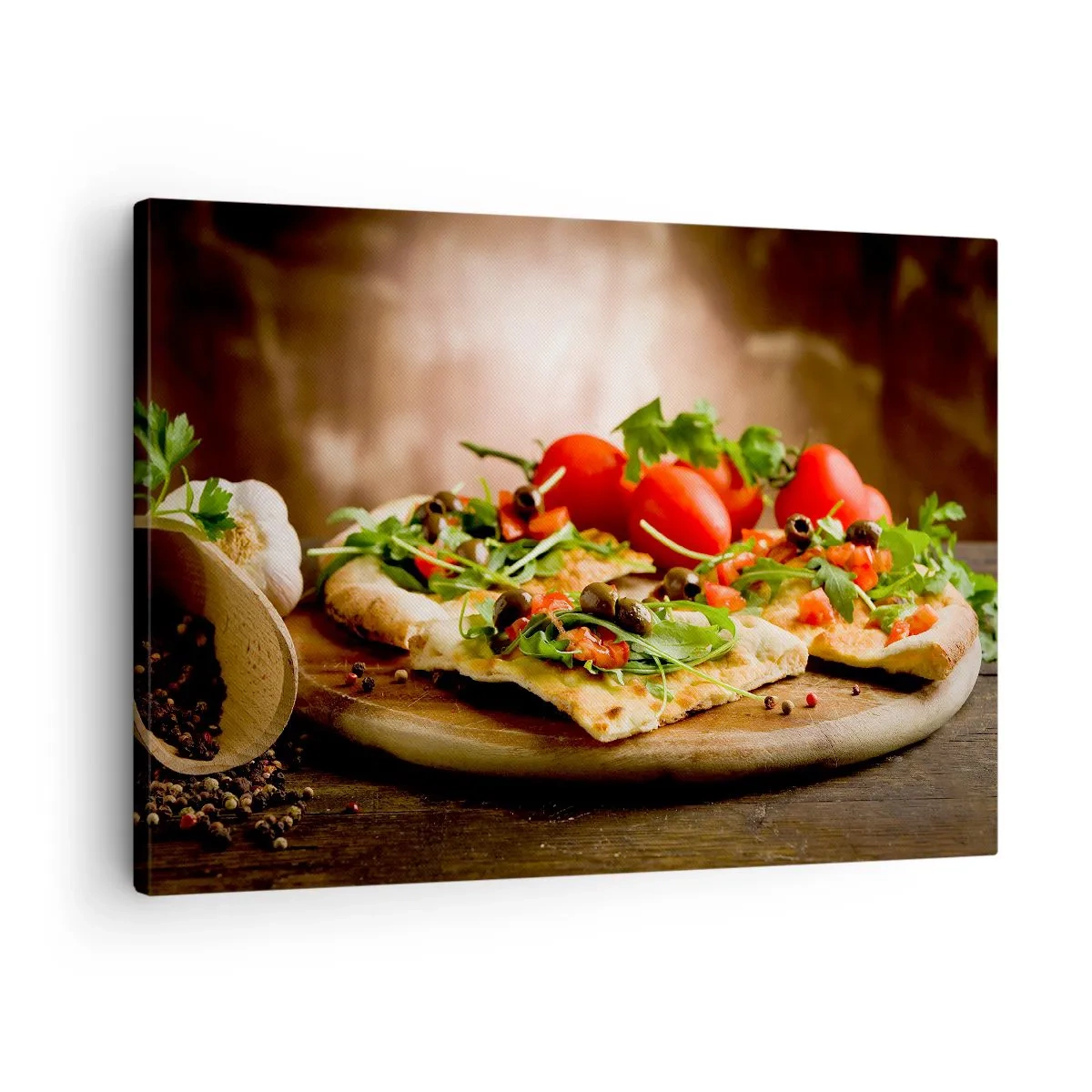 Quadro em tela - Pizza com legumes em uma tábua de madeira em estilo rústico - 70x50cm - Direto do forno e do jardim - Decoração de parede moderna para a sala de estar e quarto ARTTOR