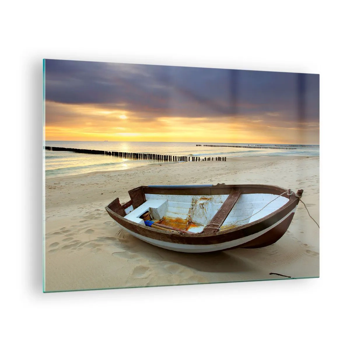 Quadro em vidro - Um barco em uma praia de areia ao nascer do sol - 70x50cm - Não há mais praias bonitas do que essa - Decoração de parede moderna para a sala de estar e quarto ARTTOR