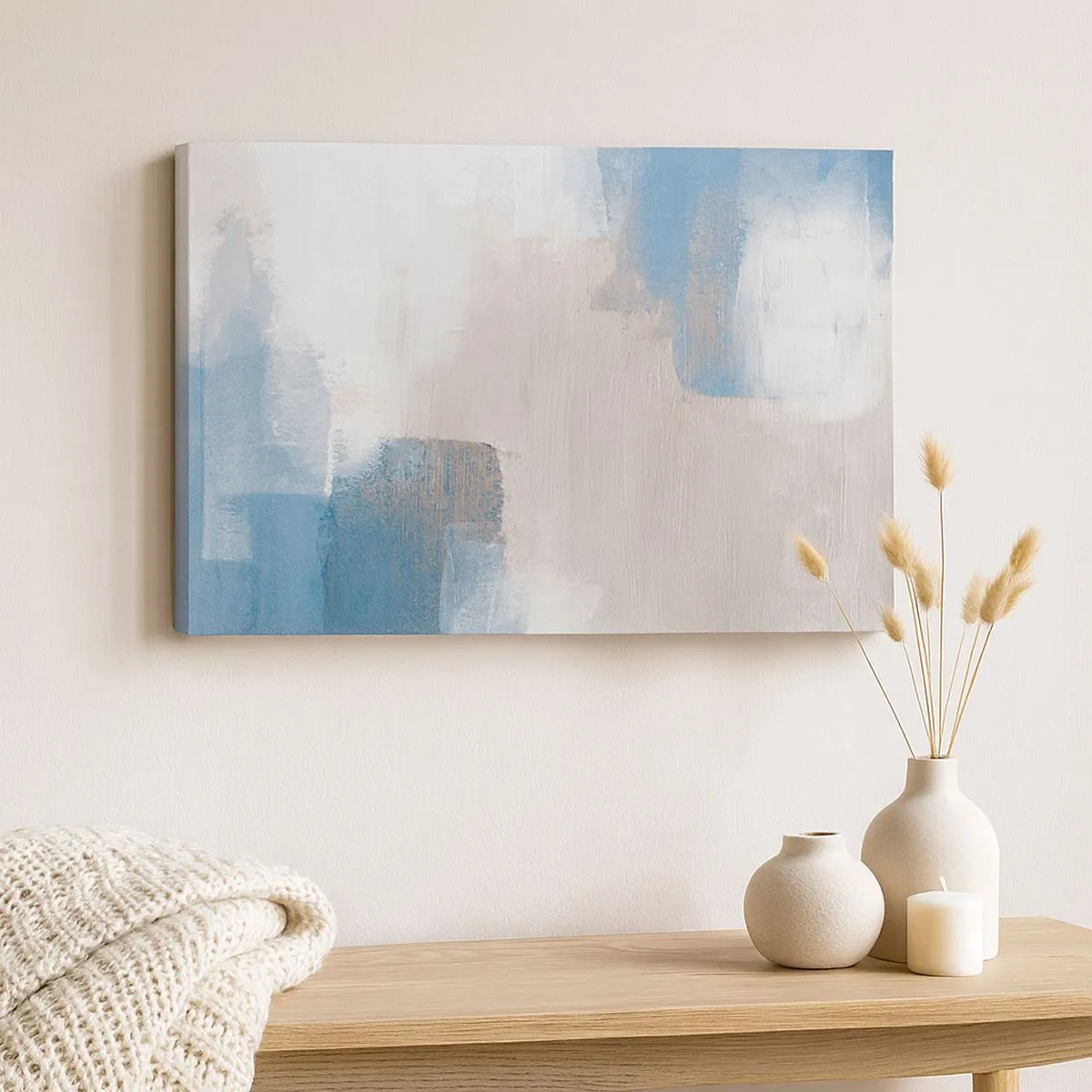 Quadro em tela - Formas abstratas em tons de azul e bege - 70x50cm - Abstração rosa atrás da cortina azul - Decoração de parede moderna para a sala de estar e quarto ARTTOR