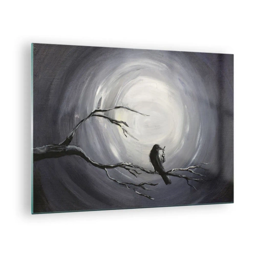 Quadro em vidro - Um corvo sentado em um galho com a lua cheia ao fundo - 70x50cm - A chave para o mistério da noite - Decoração de parede moderna para a sala de estar e quarto ARTTOR