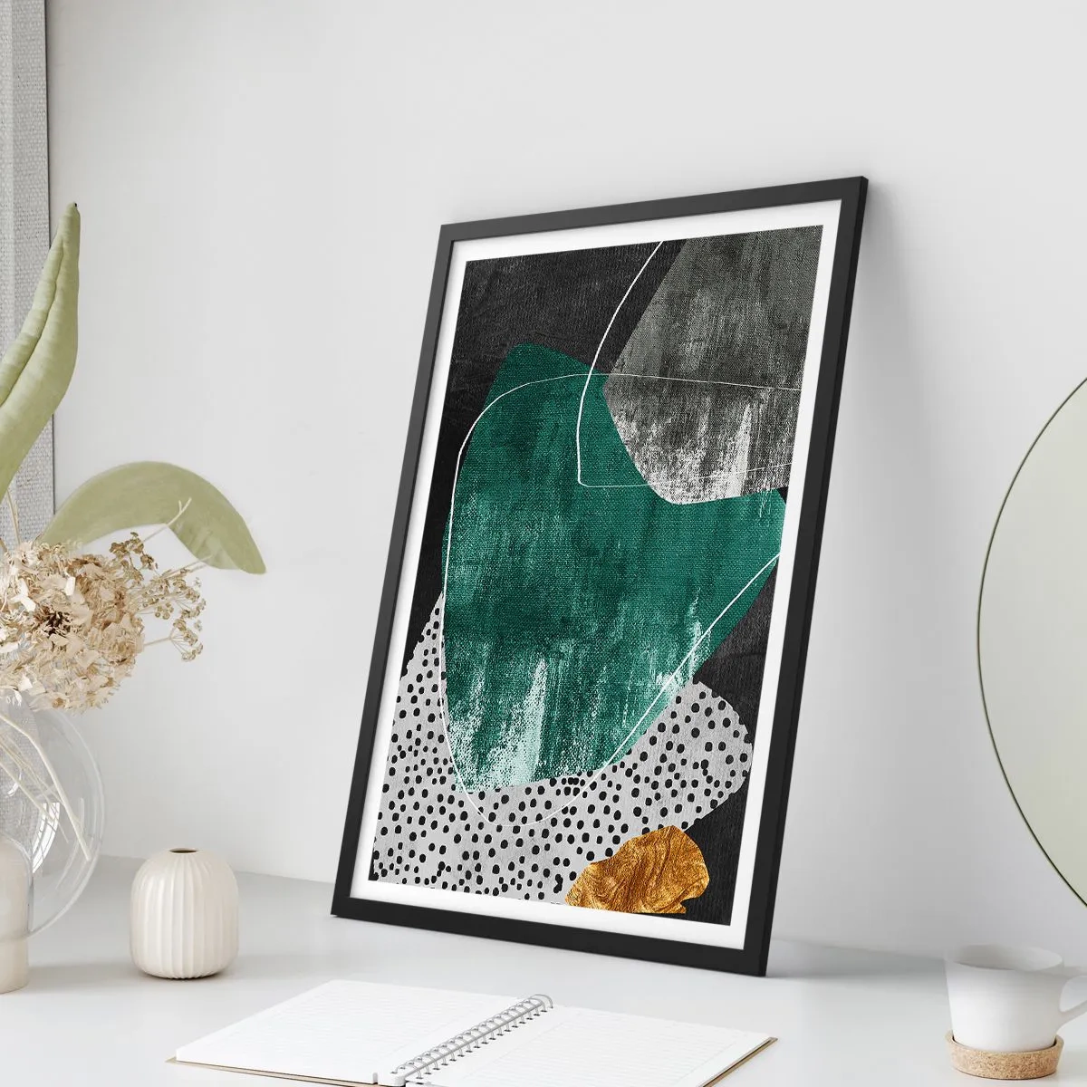 Pôster com moldura preta - Abstração colorida com folha de ouro - 30x40 cm