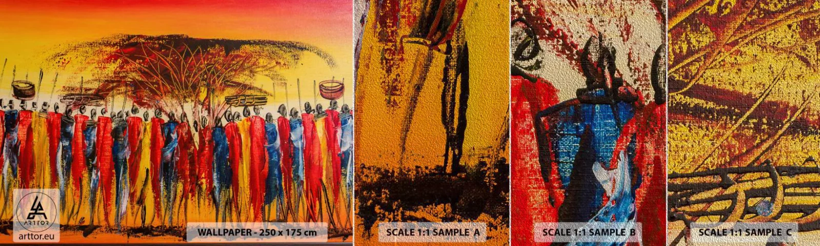 Amostra de papel de parede Premium Sand - Lá, lá, lá vão eles - Pedaço, Pessoas, África - 100x30 cm