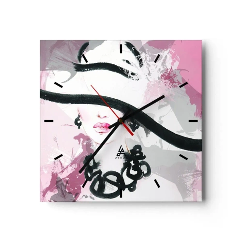 Relógio de parede - Relógio em vidro - Retrato de uma dama a preto e rosa - 40x40 cm