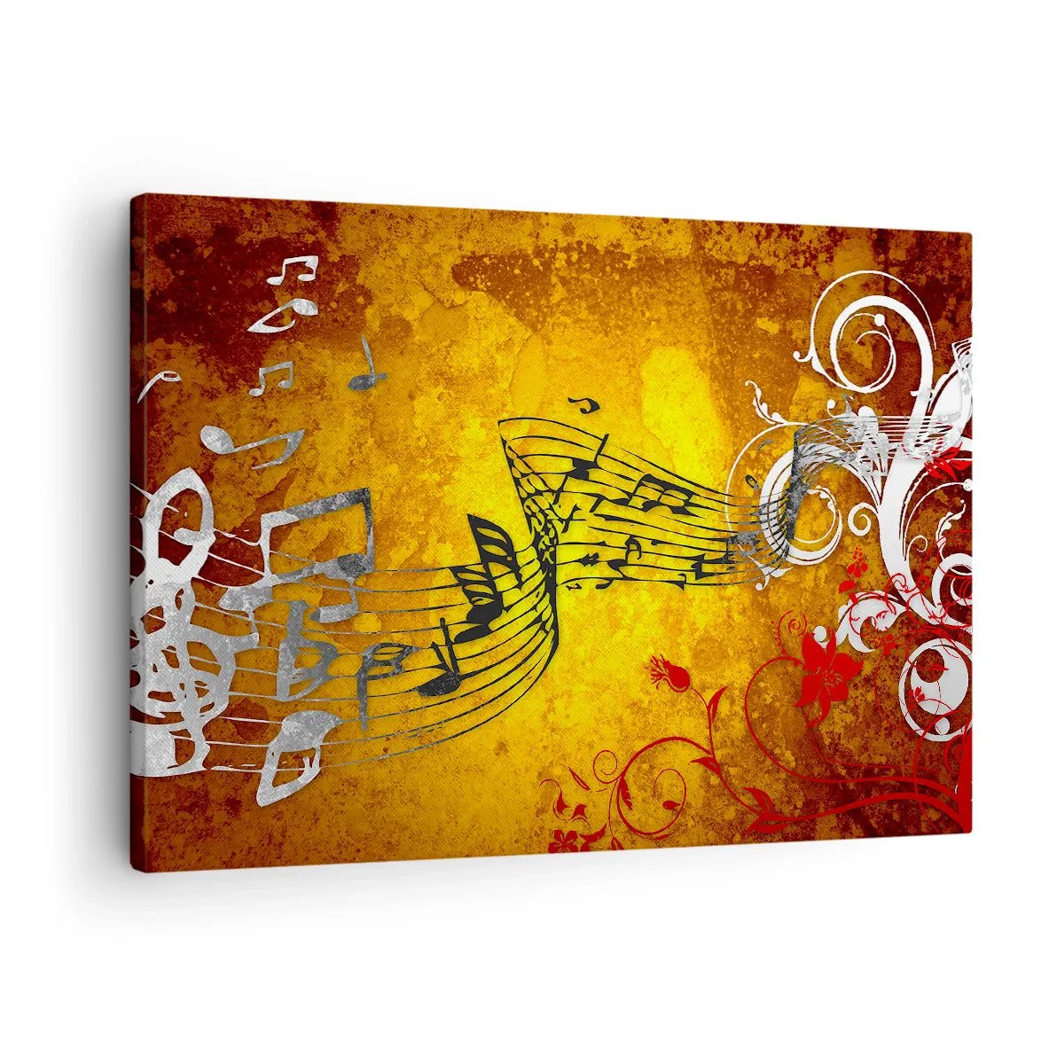 Quadro em tela - Notas musicais abstratas em um fundo colorido com ornamentos - 70x50cm - Deixe a música fluir - Decoração de parede moderna para a sala de estar e quarto ARTTOR