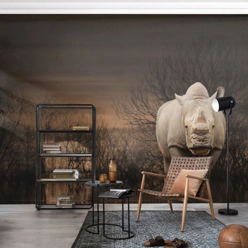 Papel de Parede Autocolante Deluxe Sticker - Branco contra a natureza - Rinoceronte, Animais, África - 400x280 cm