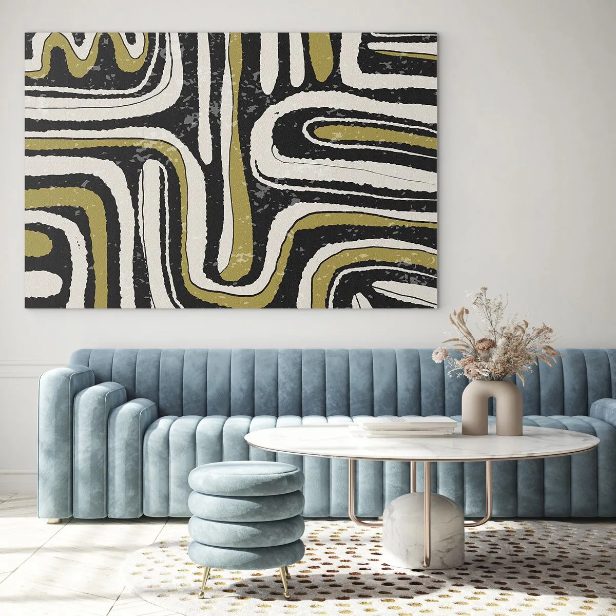 Quadro em vidro - Padrões abstratos em preto, branco e dourado - 70x50cm - Composição: estradas e becos - Decoração de parede moderna para a sala de estar e quarto ARTTOR