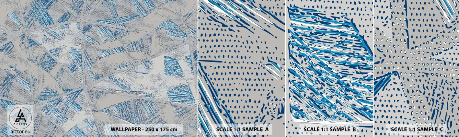 Amostra de Papel de Parede Standard Eco - Em um labirinto azul e cinza - Rabiscos, Brilhante, Caos - 100x30 cm