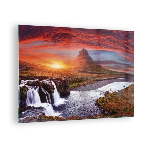 Quadro em vidro - Paisagem montanhosa com cachoeira e pôr do sol - 70x50cm - A vista da Terra Média - Decoração de parede moderna para a sala de estar e quarto ARTTOR