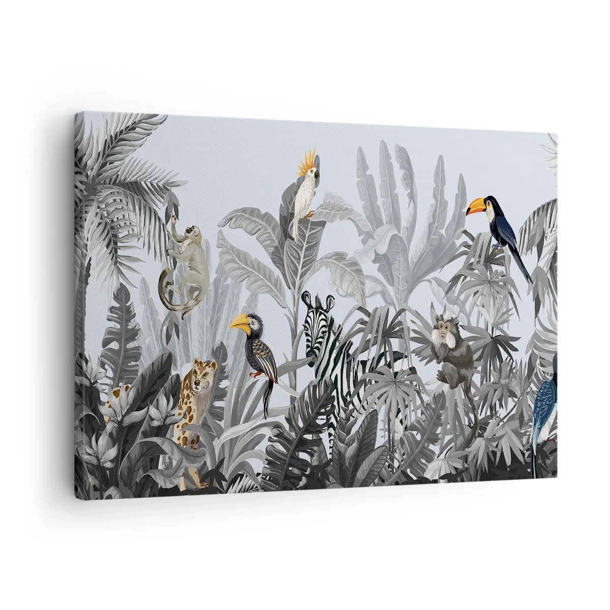 Quadro em tela - Selva tropical com animais exóticos em um fundo cinza - 70x50cm - Conto de fadas africano - Decoração de parede moderna para a sala de estar e quarto ARTTOR